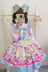 [Bunny Pastry Chef] Print Bowknot Gothic Japanese Lolita Jsk Dress 3 Colors - Blue/Yellow - 2