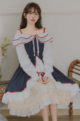 Blue/White Strapless Ruffled Long Sleeve ChiffonHigh Waisted Sweet Lolita Dress - Product - 4