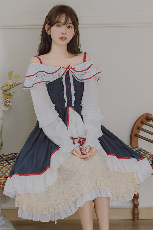 Blue/White Strapless Ruffled Long Sleeve ChiffonHigh Waisted Sweet Lolita Dress - Product - 4