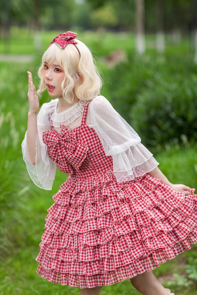 Multi-layer Plaid Print Ruffle Bowknot Sweet Lolita Tiered Dress 3 Colors - Product - 7