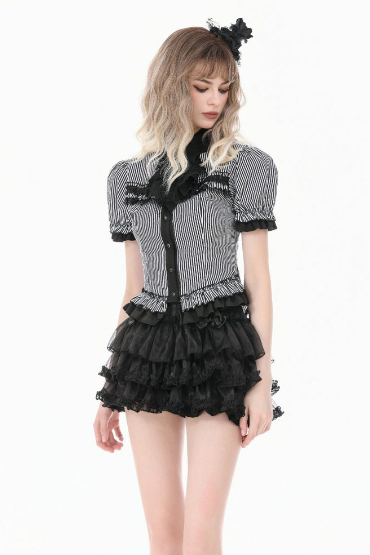 Black/White Pinstripe Short Puff Sleeves Lace-Up Women's Preppy Style Swallow-tailed Blouse with Detachable Tie - Product - 2