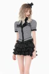 Black/White Pinstripe Short Puff Sleeves Lace-Up Women's Preppy Style Swallow-tailed Blouse with Detachable Tie - Product - 2