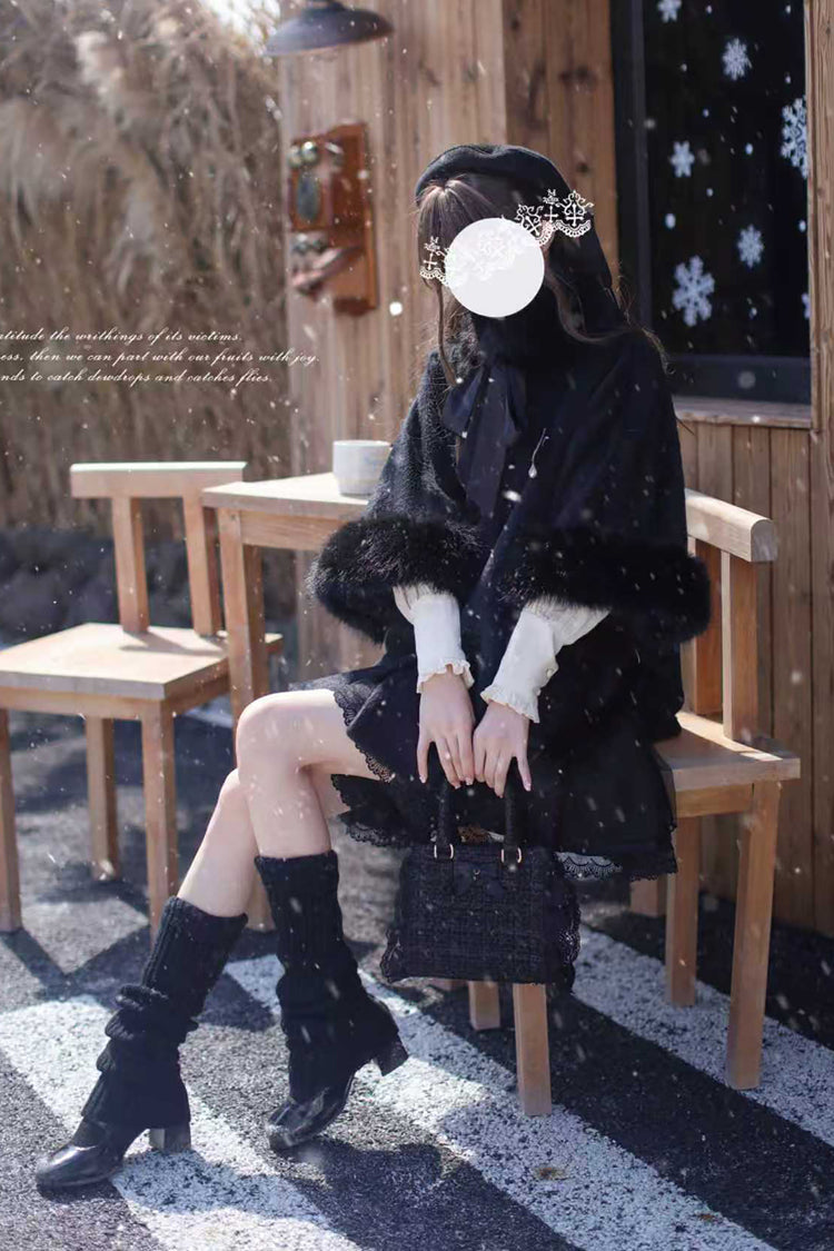 Black Long Sleeves Lace Gothic Japanese Lolita Fluffy Cloak Coat - Product - 6