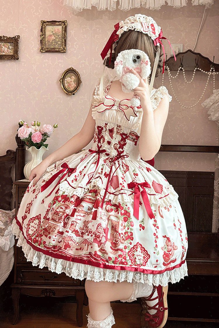 Ivory/Red [Strawberry Bear] Sleeveless Print Ruffle Embroidery Bowknot Lace Sweet Lolita Jsk Dress - Product - 2