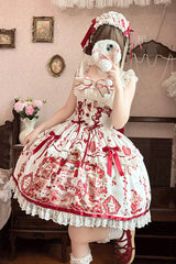 Ivory/Red [Strawberry Bear] Sleeveless Print Ruffle Embroidery Bowknot Lace Sweet Lolita Jsk Dress - Product - 2