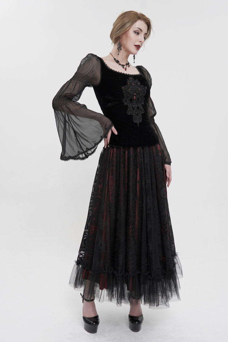 Black Velvet Paneled Chiffon Long Sleeves Chest Applique With Blood Red Diamonds Women's Gothic T-Shirt - Product - 6
