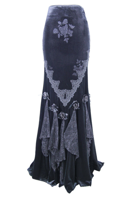 Black Rose Embossed Gothic Velvet Long Womens Half Fishtail Skirt - Product - 4