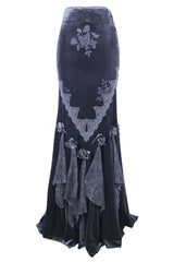 Black Rose Embossed Gothic Velvet Long Womens Half Fishtail Skirt - Product - 4