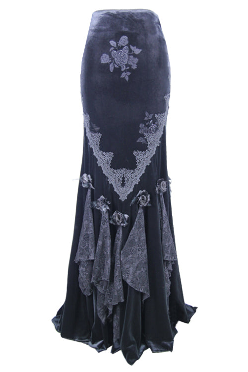 Black Rose Embossed Gothic Velvet Long Womens Half Fishtail Skirt - Product - 4