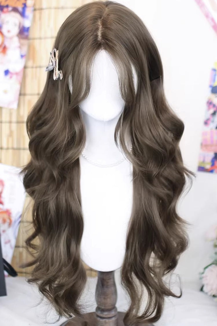 Hazelnut Ash Curtain Bangs Fluffy Soft Curls Sweet Lolita Long Wig - Hazelnut-Ash-Brown - 1