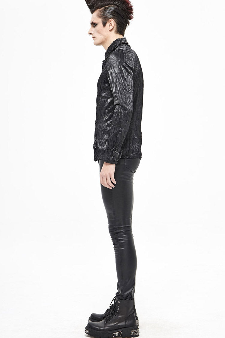 Black Twill Fold Collar Sharp Corner Cuff Light Metal Ring Webbing Men's Punk Shirt - Product - 8