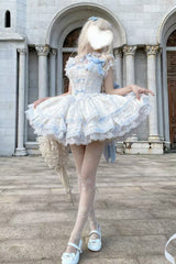 Blue [First Love Rose] Multi-Layered Print Ruffle Bowknot Lace Sweet Lolita Jsk Dress Set - Product - 6