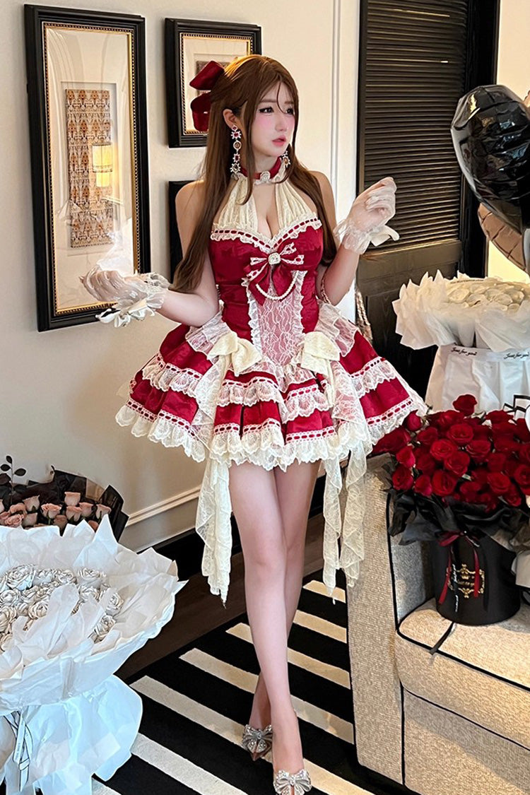 Red [Beloved Young Lady] Halterneck Sleeveless Double-Layered Ruffle Bowknot Lace Elegant Sweet Lolita Dress - Product - 6