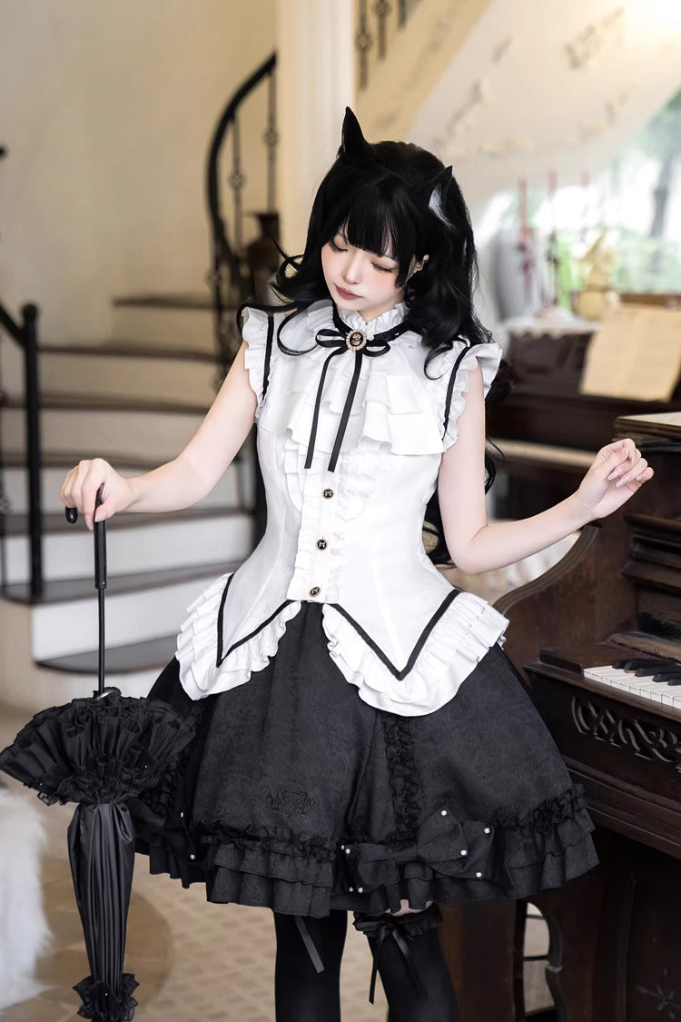 Black/White [Miss Black Cat] Sleeveless Printed Ruffled Sweet Princess Ballet Lolita Skirt Set - Product - 9