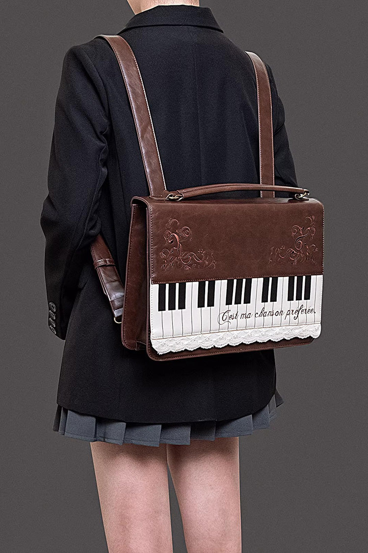 Brown Piano Embroidered Lace Vintage Lolita Backpack - Brown - 7