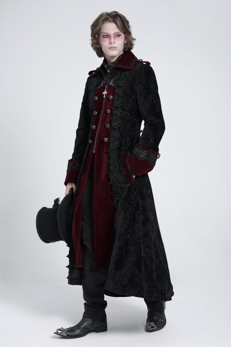 Black/Red Lapel Collar Embroidery Zipper Men's Gothic Handsome Coat - Product - 5
