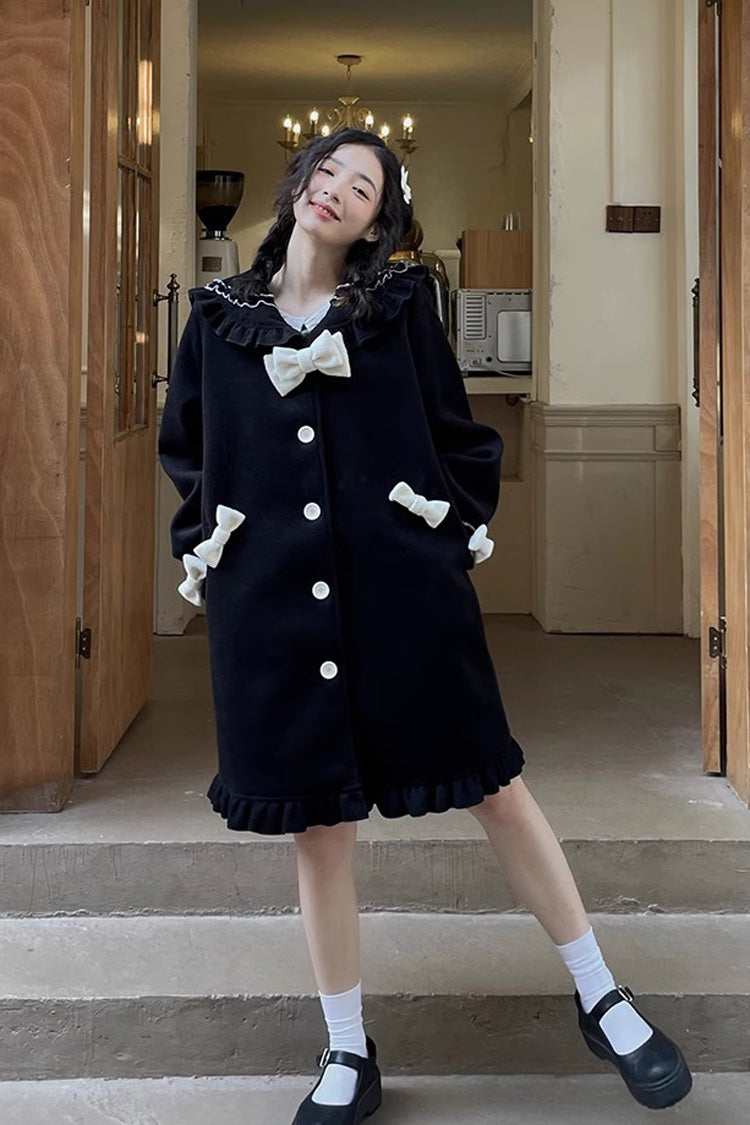 Black [Bouquet Bear] Doll Collar Long Sleeves Ruffle Bowknot Princess Lolita Coat - Product - 5