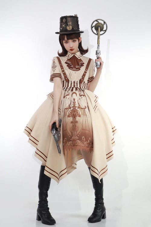 Beige British Style Short Sleeves Libra Print Cardigan Sweet Lolita Dress - Product - 3