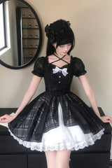 Black/White Square Collar Short Puff Sleeves Plaid Printed Ruffled Bow Lace Sweet Princess Lolita Dress - Product - 4
