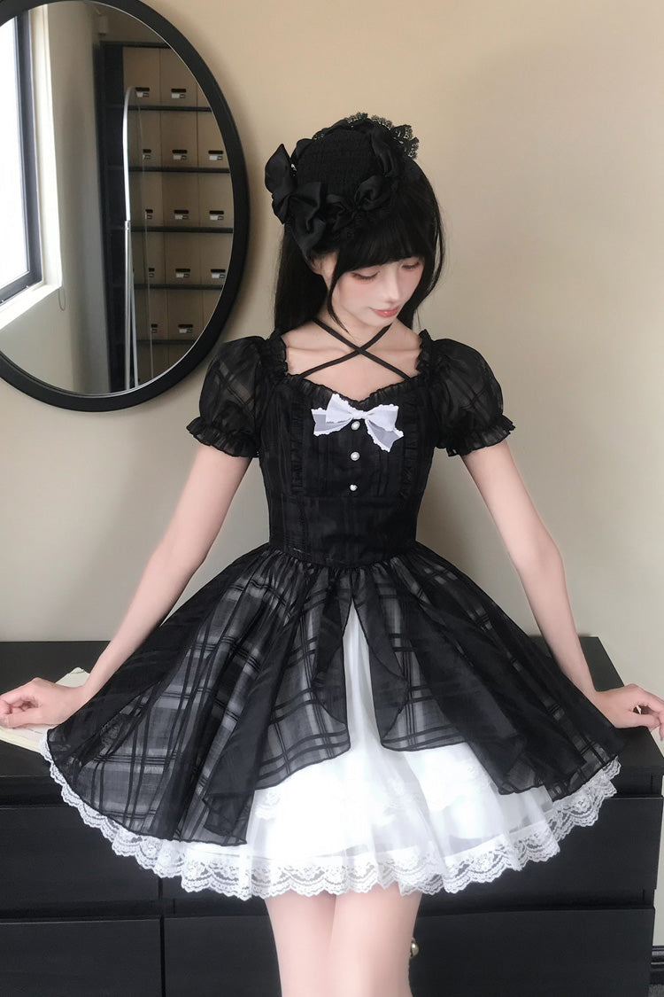 Black/White Square Collar Short Puff Sleeves Plaid Printed Ruffled Bow Lace Sweet Princess Lolita Dress - Product - 4