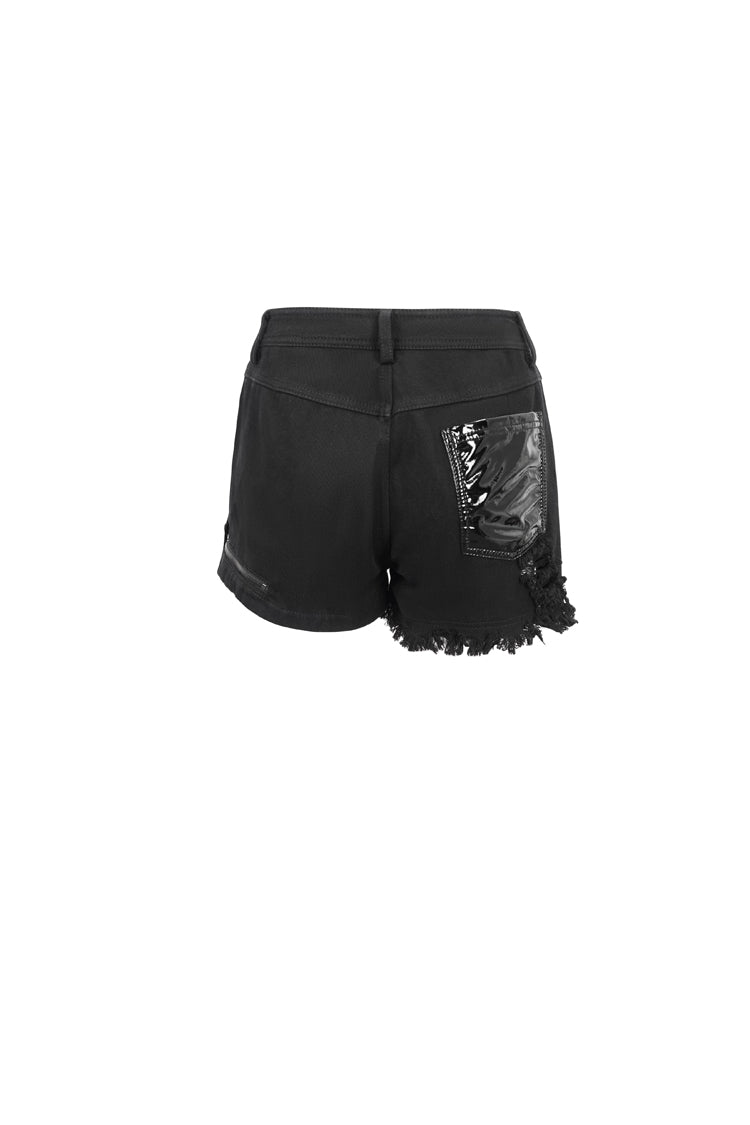 Black Asymmetric Metal Chain Ripped Zip Denim Women's Punk Shorts - Product - 8