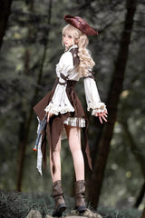 White/Brown [Time Capsule Pirate Style] Long Sleeves Ruffled Irregular Gothic Vintage Elegant Lolita Skirt Set - Product - 6
