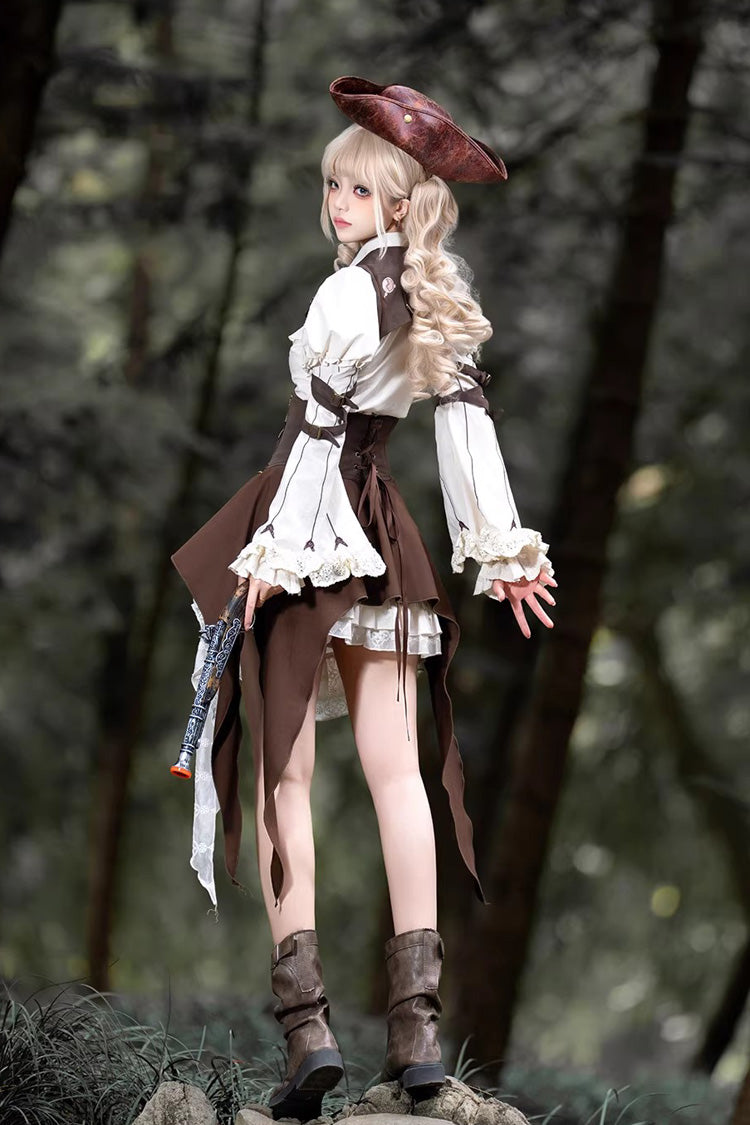 White/Brown [Time Capsule Pirate Style] Long Sleeves Ruffled Irregular Gothic Vintage Elegant Lolita Skirt Set - Product - 6