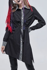 Black Gothic Patchwork Lace Spider Web Design Asymmetric Pleats Metal D-Shaped Buckle Decoration Long Women's Shirt - Black - 1