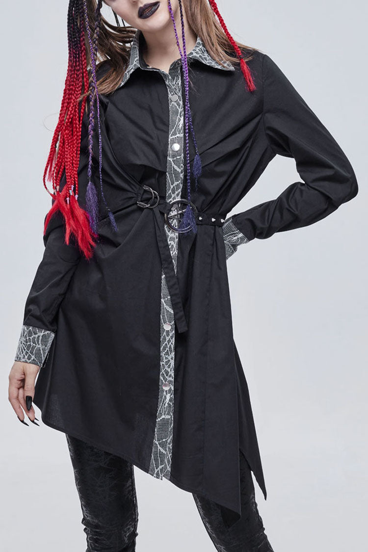 Black Gothic Patchwork Lace Spider Web Design Asymmetric Pleats Metal D-Shaped Buckle Decoration Long Women's Shirt - Black - 1