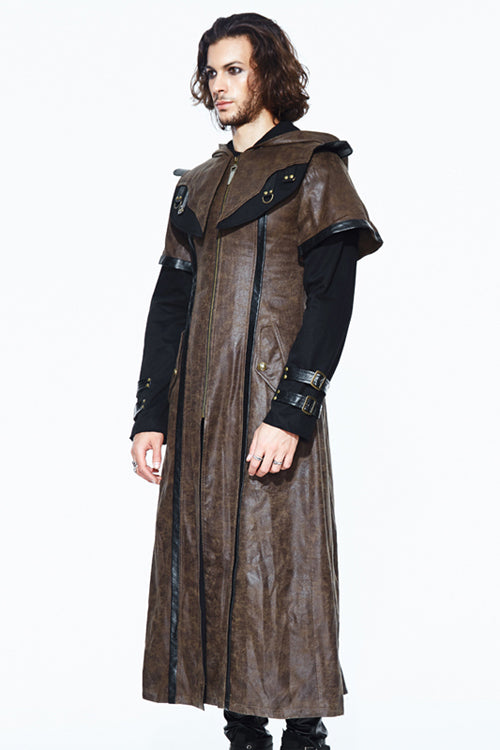 Double Sleeves Steampunk Brown Leather Hooded Mens Long Coat - Product - 2
