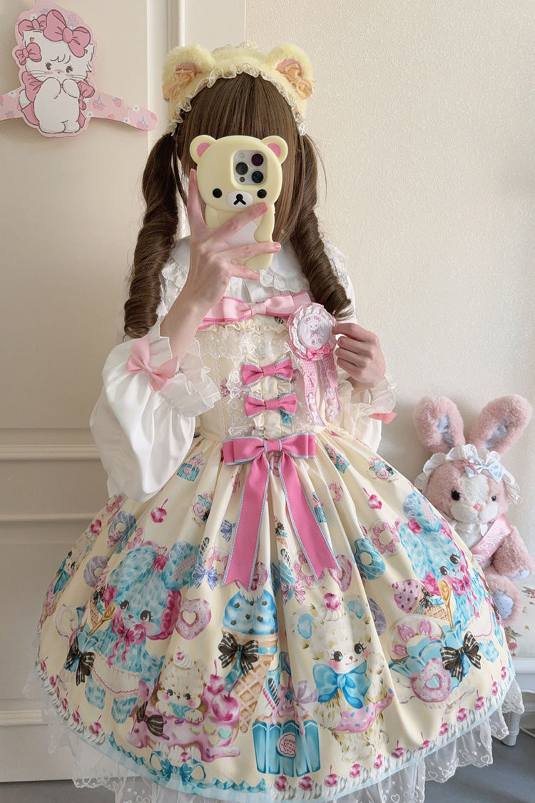 Yellow [Floral Whisper] Bear Print Ruffle Bowknot Lace Sweet Princess Lolita Jsk Dress - Product - 3