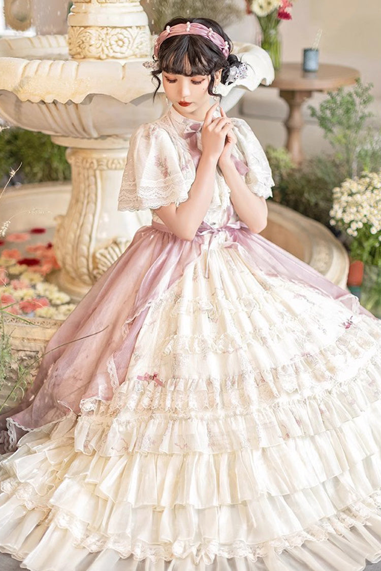 Multi-Color Bellflower Print Ruffle Lace Sweet Princess Lolita Dress - Product - 5
