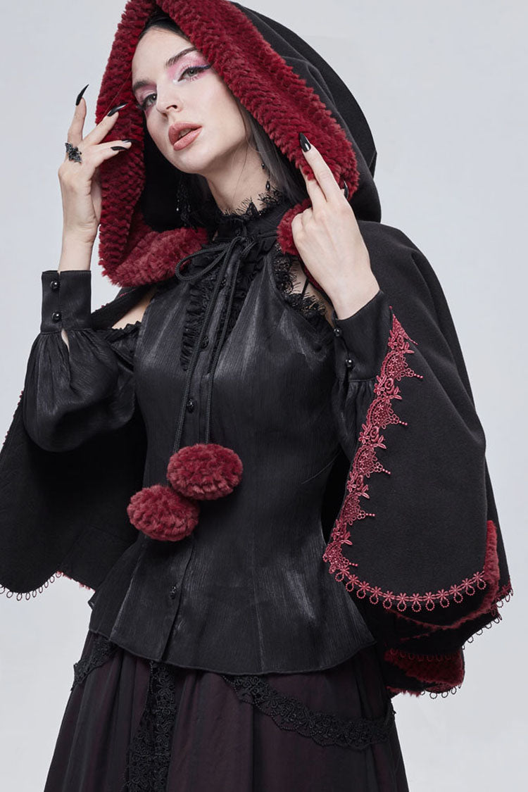 Black Gothic Petal-Shaped Double-Faced Contrast Women's Wool Hooded Shawl - Product - 7