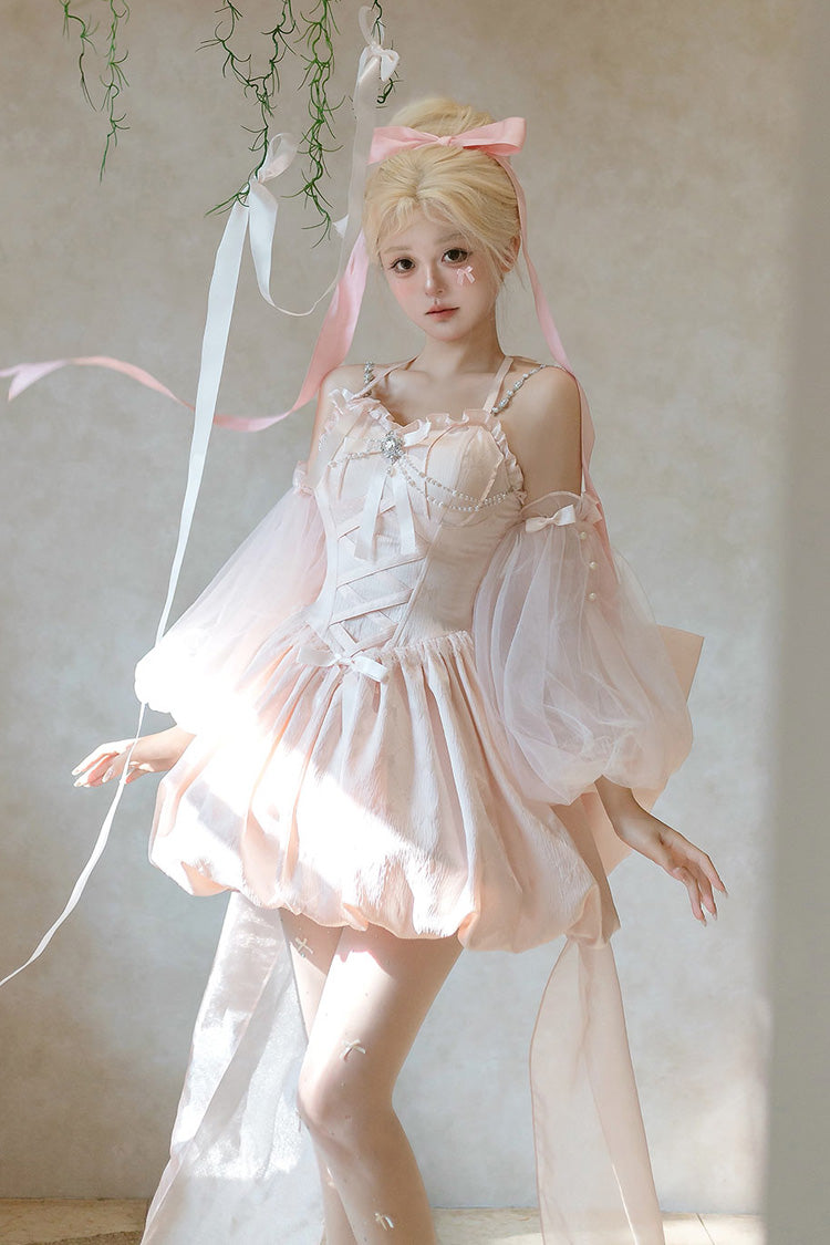 Pink [The Runaway Princess] Sleeveless Ruffle Bowknot Lace-Up Sweet Lolita Jsk Tulip Dress Set - Pink - 1