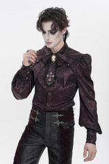 Red Lapel Collar Long Lantern Sleeves Jacquard Bow Men's Gothic Shirt - Product - 7