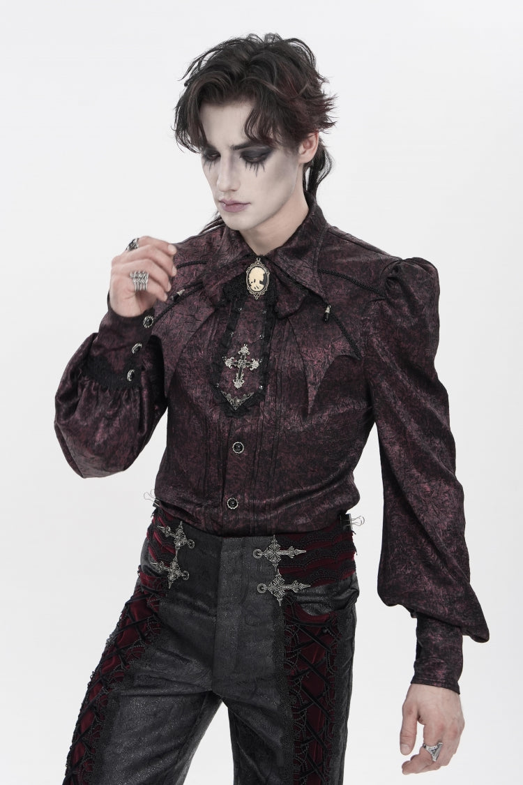 Red Lapel Collar Long Lantern Sleeves Jacquard Bow Men's Gothic Shirt - Product - 7