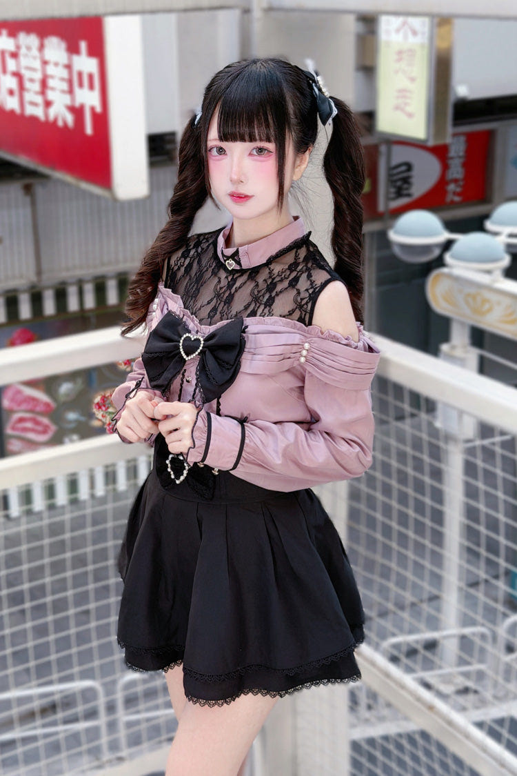 [Frosted Pearl Princess] Round Collar Off Shoulder Long Sleeves Bow Lace Sweet Jirai Kei Japanese Skirt Set 2 Colors - Product - 6
