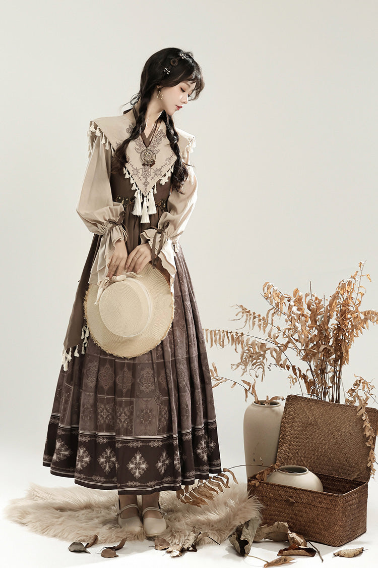 Brown [Mysterious Tribe] Long Lantern Sleeves Print Ruffle Asymmetric Sweet Chinese Style Lolita Dress - Product - 5