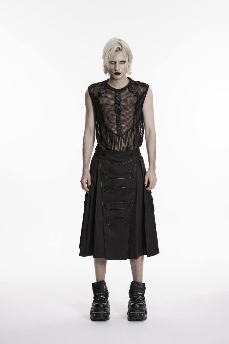 Black Studded Zippered  Big Pockets Pleated Men's Punk Skirt - Product - 2