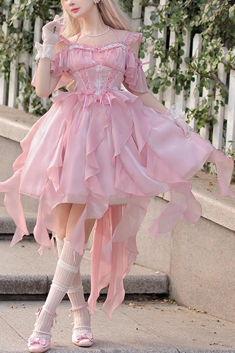 Princess Wedding High Waisted Lace Sweet Lolita Strapless Dress 2 Colors - Pink - 1