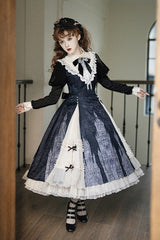 Black/White Church Bells Print Ruffle Cardigan Bowknot Gothic Elegant Lolita Dress - Product - 6