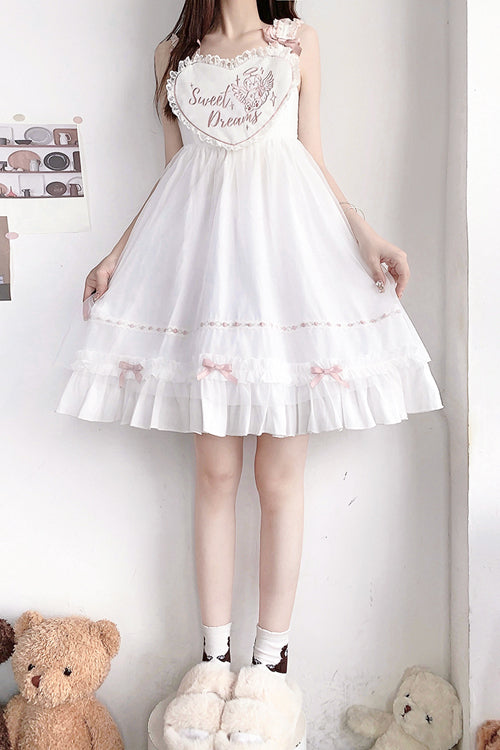 White Ruffled Shoulder Strap Heart Pattern Sweet Lolita JSK Dress - Product - 2