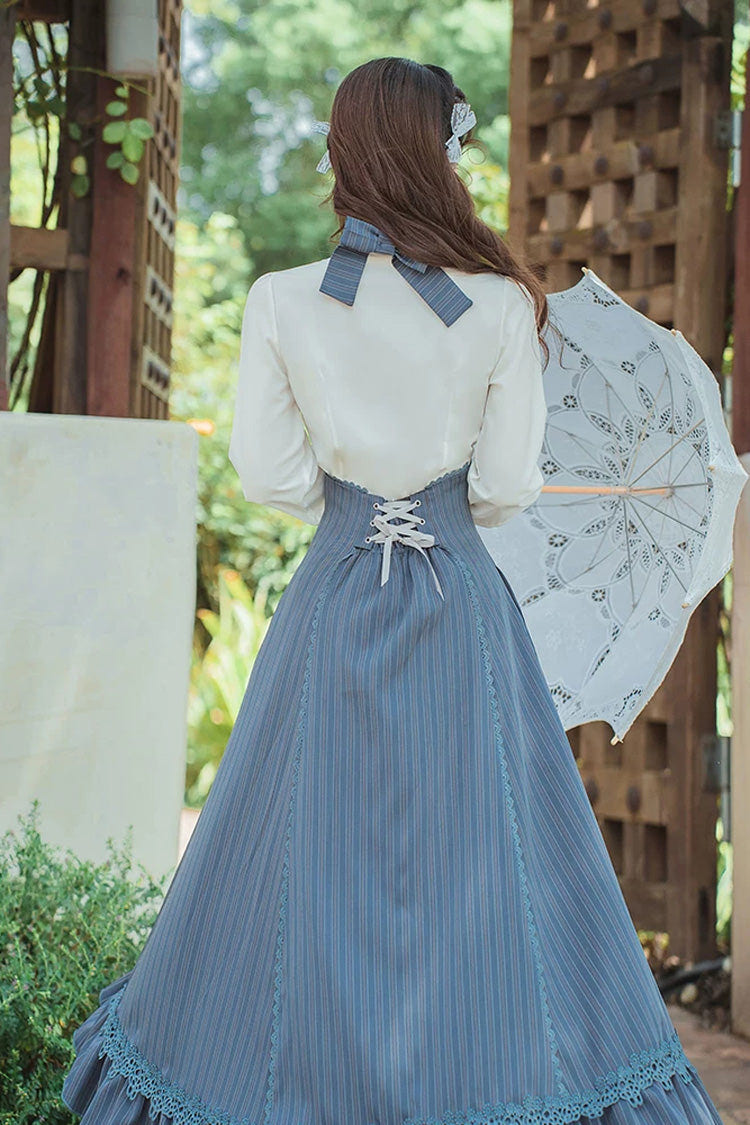 Blue Bustier Halterneck Long Sleeves Striped Printed Bow Lace Sweet Lolita Two-Piece Skirt Set - Product - 5