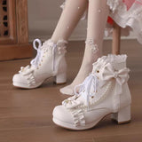 Sweet Ruffled Bow Pearl-Decorated Lolita Ankle Boots 3 Colors - Product - 6
