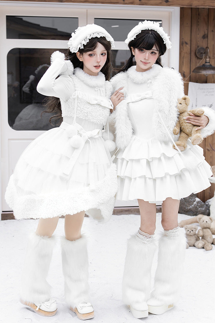[White Chocolate] Triple-Layered Ruffle Bowknot Sweet Lolita Jsk Dress Set - Product - 8