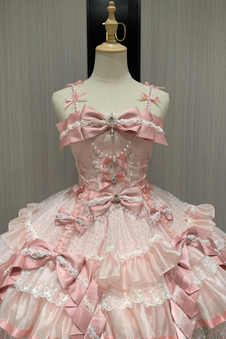 Pink [Gem Love] Sleeveless Triple-Layered Ruffle Bowknot Lace Sweet Ballet Lolita Jsk Dress - Product - 9