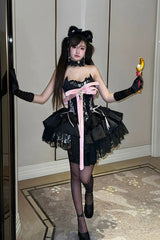 Black [Kitten Sweetheart] Multi-Layered Ruffled Bow Lace-Up Princess Ballet Gothic Lolita Jsk Dress - Product - 9