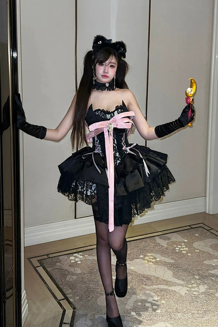 Black [Kitten Sweetheart] Multi-Layered Ruffled Bow Lace-Up Princess Ballet Gothic Lolita Jsk Dress - Product - 9