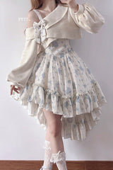 Blue Oblique Shoulder Print Ruffle Bowknot Lace Sweet Lolita Jsk Dress Set - Product - 6