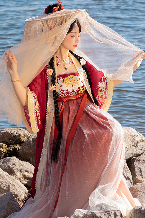 Chinese Tang Dynasty Design Style Embroidered Chiffon Short Sleeves Sweet Hanfu Dress - Product - 7